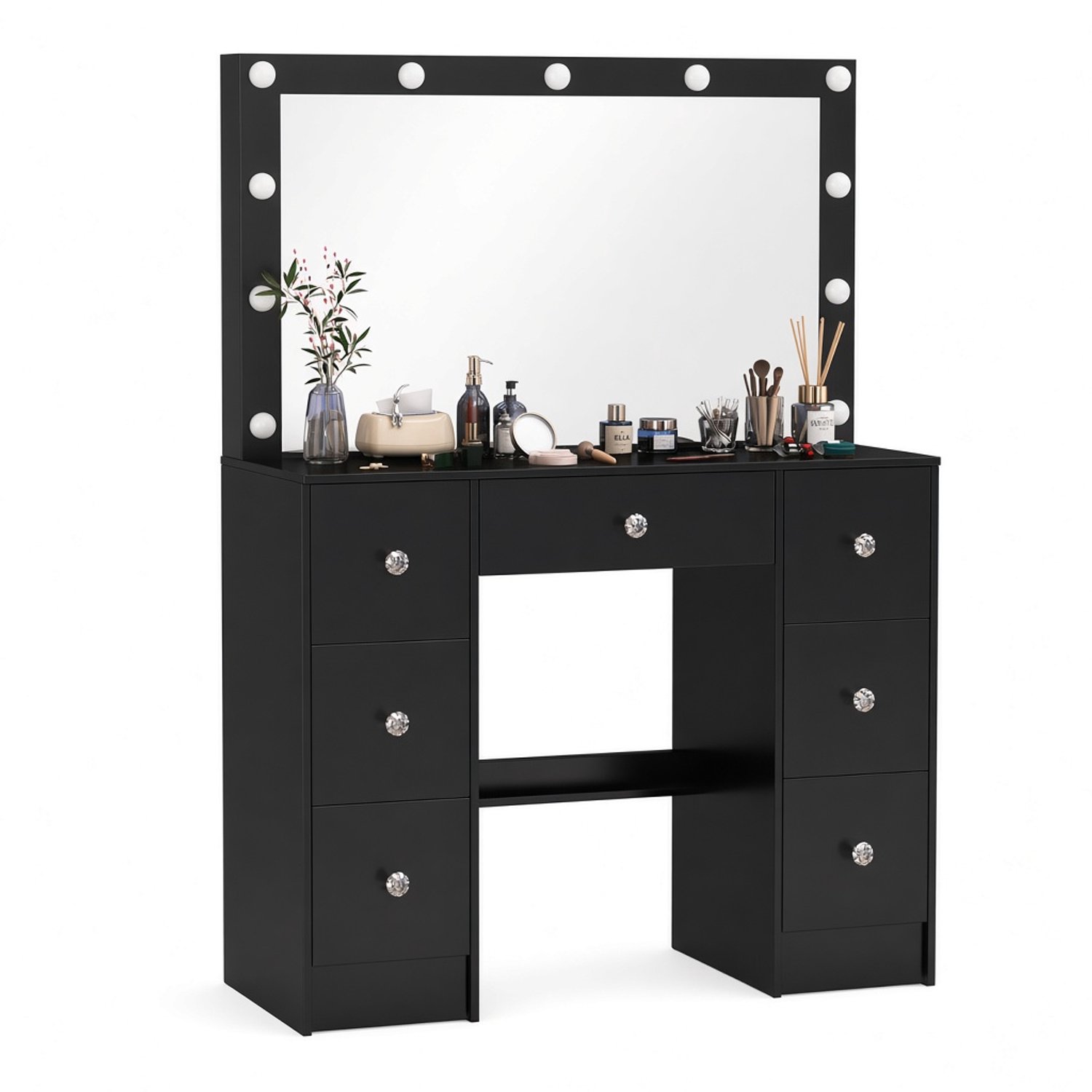 Atlasyx tafel - Make up - Kaptafel - Met spiegel en verlichting - Makeuptafel - Bureau - 6 Laden - 100 x 40 x 140 cm - Zwart