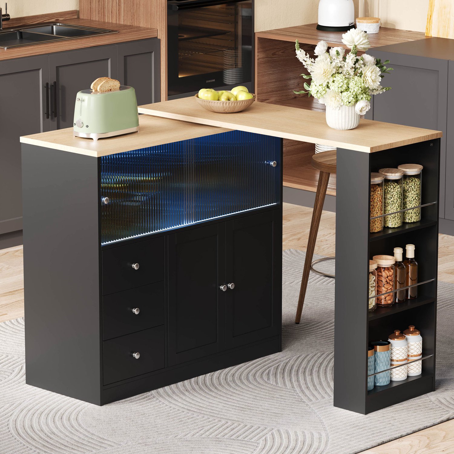 STILVORA Keukeneiland - Uitschuifbaar Met 360 Graden Draaibaar Blad En Opbergruimte - Voor Keuken En Eethoek - MDF - 172 x 40 x 96 Cm - Zwart