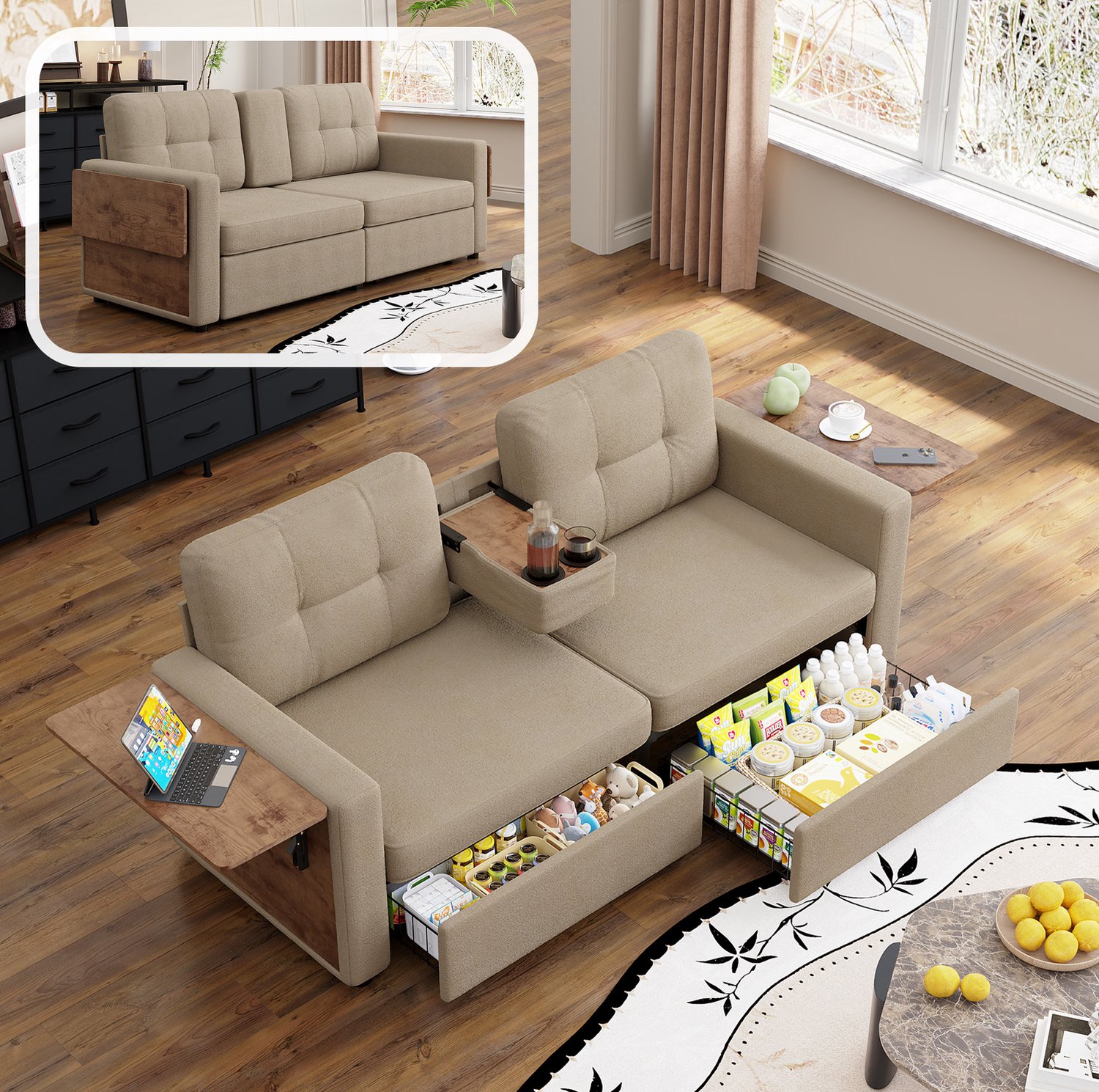 Wishdor Tweezits slaapbank - Verstelbare laptoptafel en bekerhouders - Twee opberglades onder zitting - Modern design - Woonkamer klein interieur - Chenille - Khaki - 178 x 71 x 57,5 cm