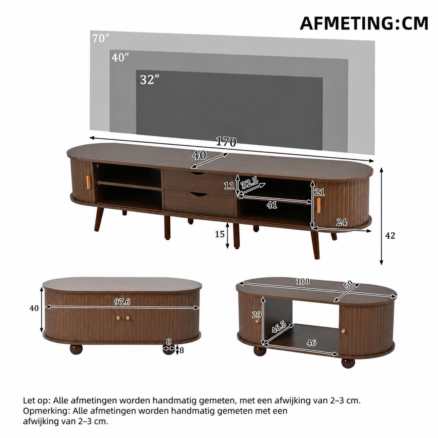 TV-meubel en salontafel set - 2-delig - MDF - opbergruimte - 170 x 40 x 42 cm en 100 x 50 x 40 cm - Walnootkleur