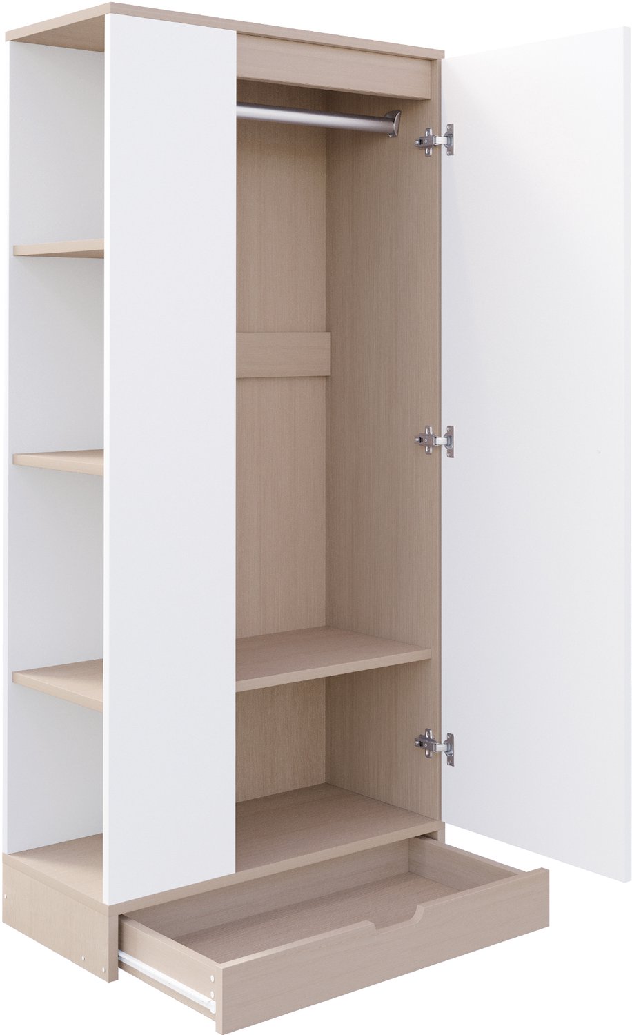 Eendeurs kledingkast - 70 x 40 x 170 cm - Met verstelbare legplanken en lades - Naturel houtkleur en wit - Hout en MDF - Voor de slaapkamer