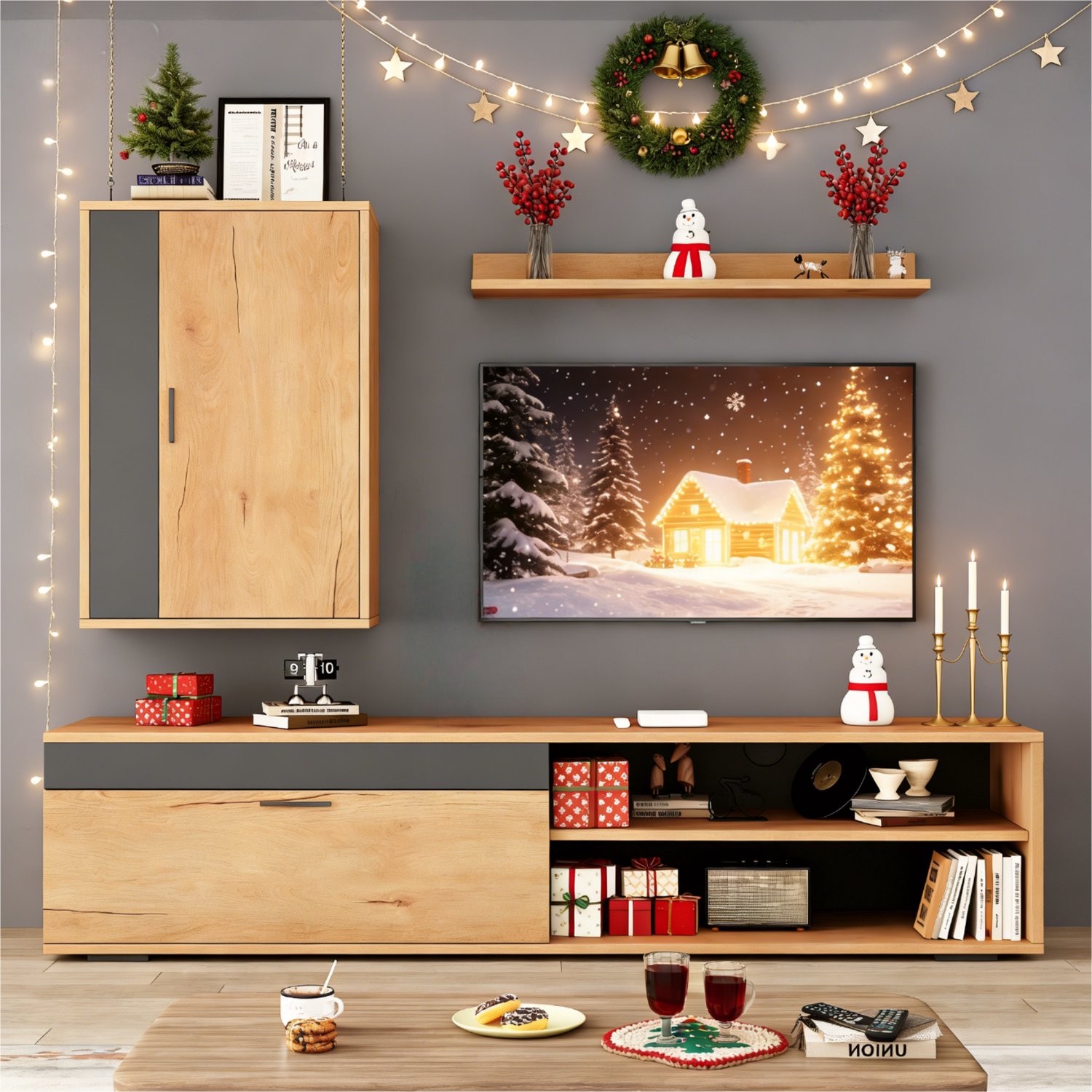 3-delige TV-meubelset - TV-kast - wandkast - wandplank - staand en wandgemonteerd - 140 cm breed - Houtkleur en zwart