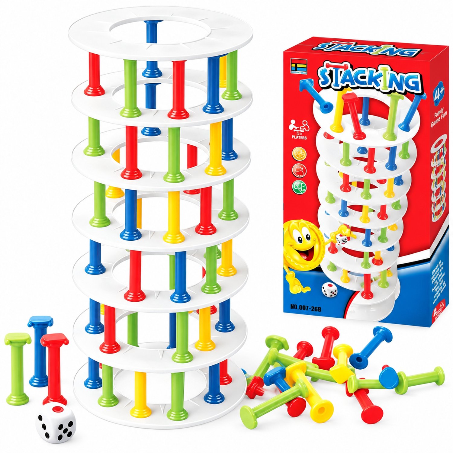 Flero Stapeltoren Spel - Behendigheidsspel met Gekleurde Staafjes en Dobbelsteen - Toren van 35 cm - Familiespel voor 2 tot 4 Spelers vanaf 3 Jaar - Educatief Montessori Speelgoed, Houten Speelgoed, Verjaardagscadeau, Sinterklaascadeau
