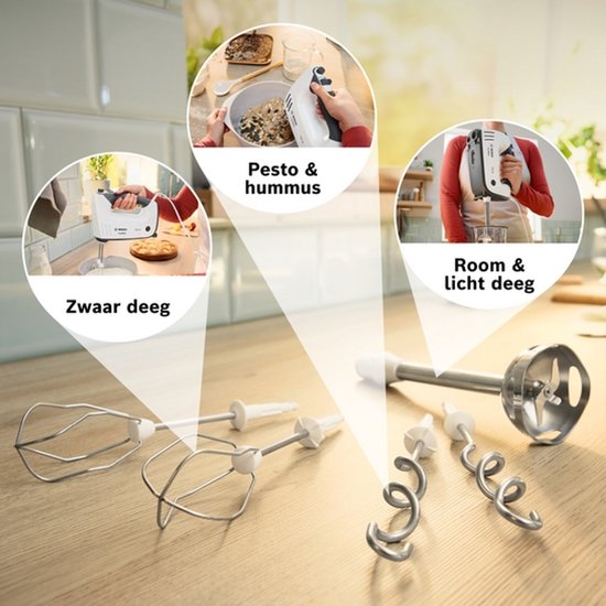 Overzicht van accessoires voor de Bosch ErgoMixx voor het mixen van deeg, pesto en room.