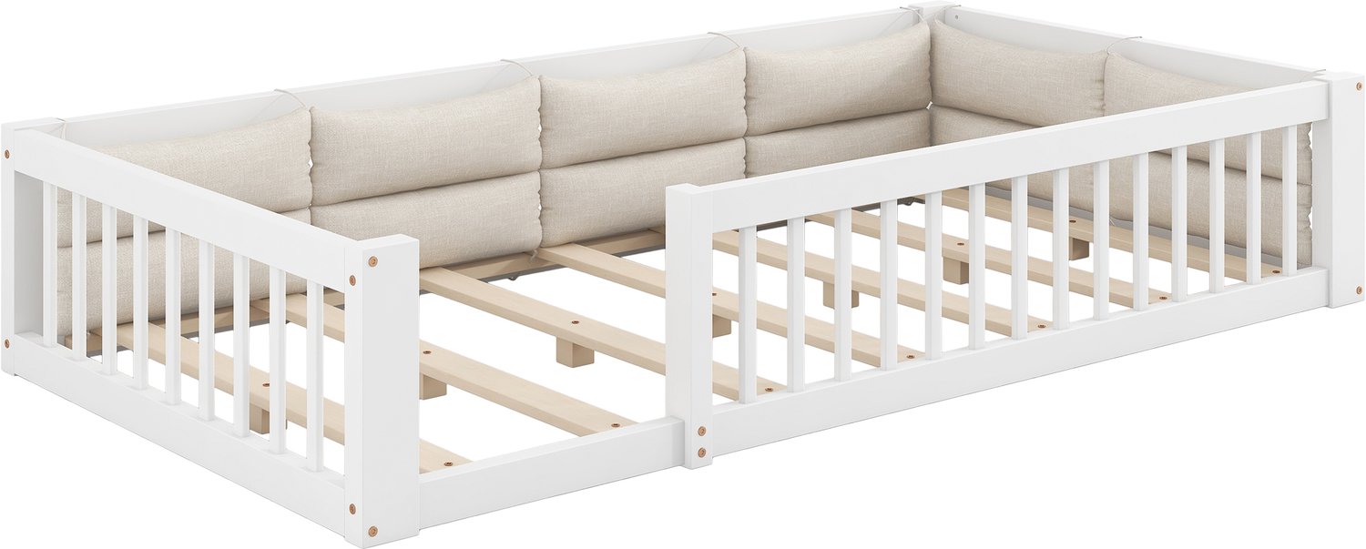 Wit Eenpersoonsbed 90x200 - Houten Bed Met Uitvalbeveiliging - Platformbed Met Hoofd- En Zijkussens - Massief Grenen En MDF Voor De Slaapkamer