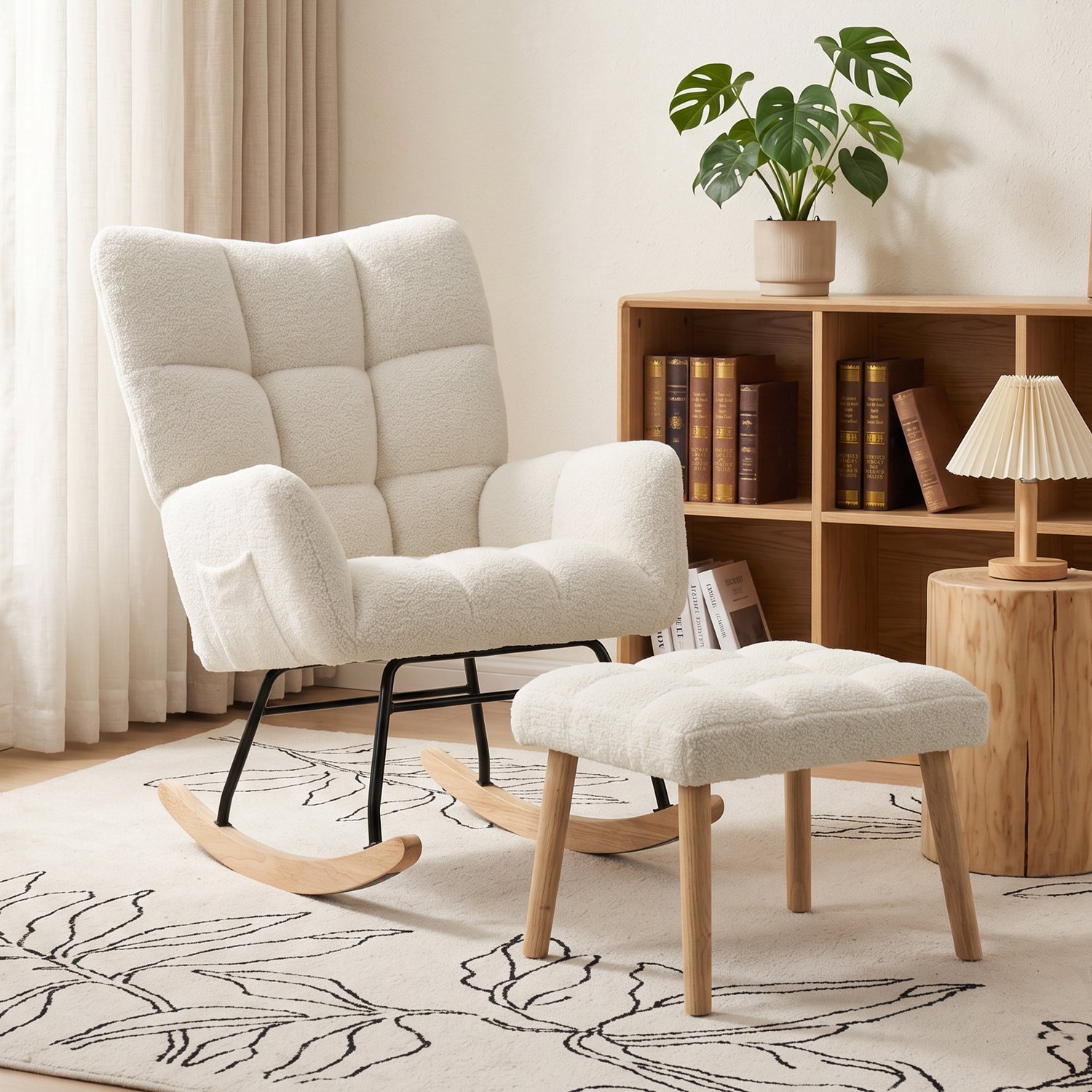MUVANO Schommelstoel - Stoel van boucléstof - Inclusief voetensteun - Ergonomisch comfort - 100 cm - Zacht schommelend - Crème woonkamer