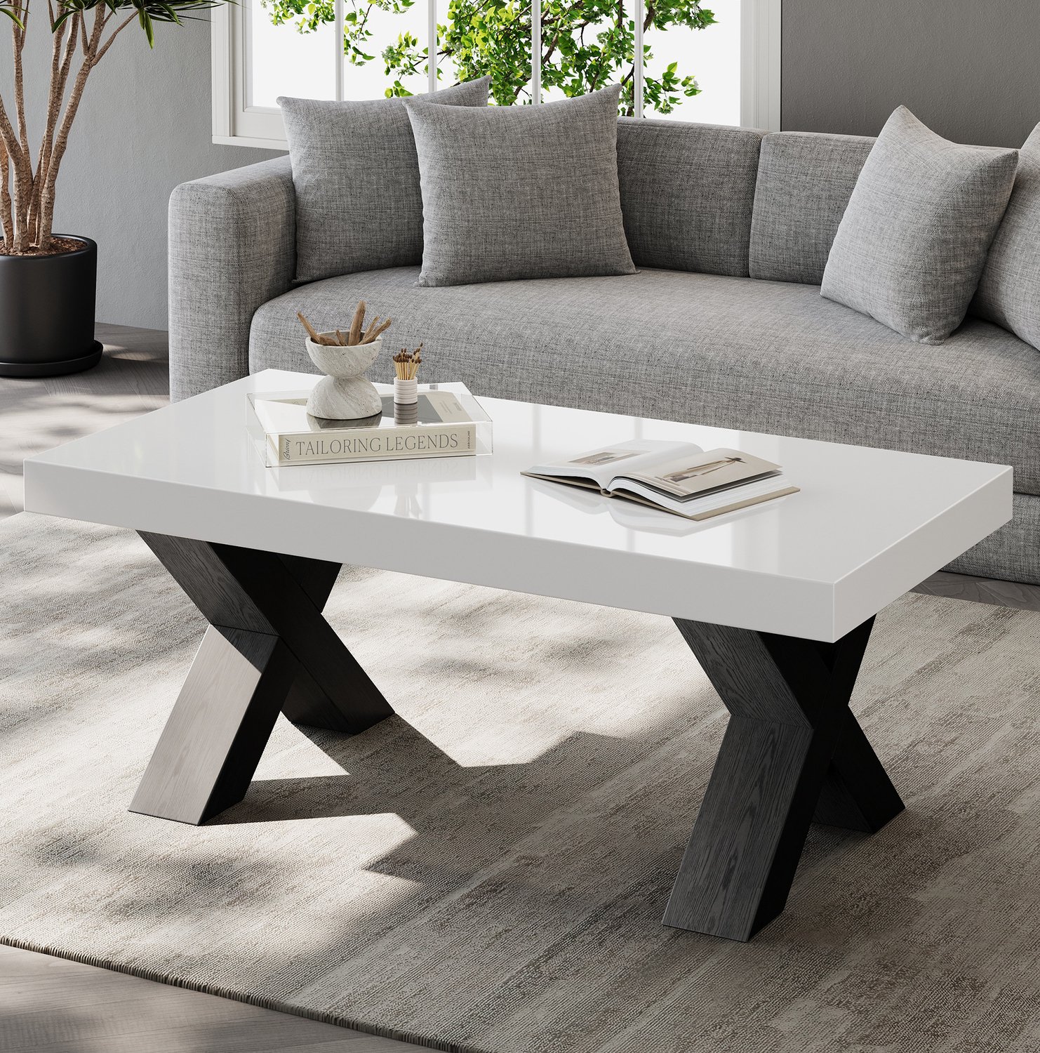 Maisentiel Salontafel 100 x 50 x 40 cm - Hoogglans MDF met X-poten - Wit/Zwart