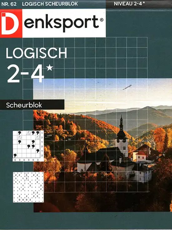 Denksport logisch scheurblok nr. 62, niveau 2-4, met een herfstachtig berglandschap op de cover.