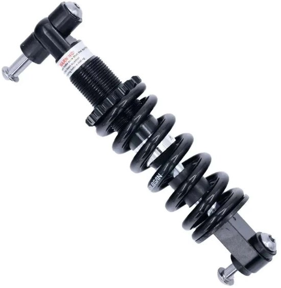 Zwarte EB-Parts vering voor e-bike met waarschuwingslabel en instelbare veerconstante.