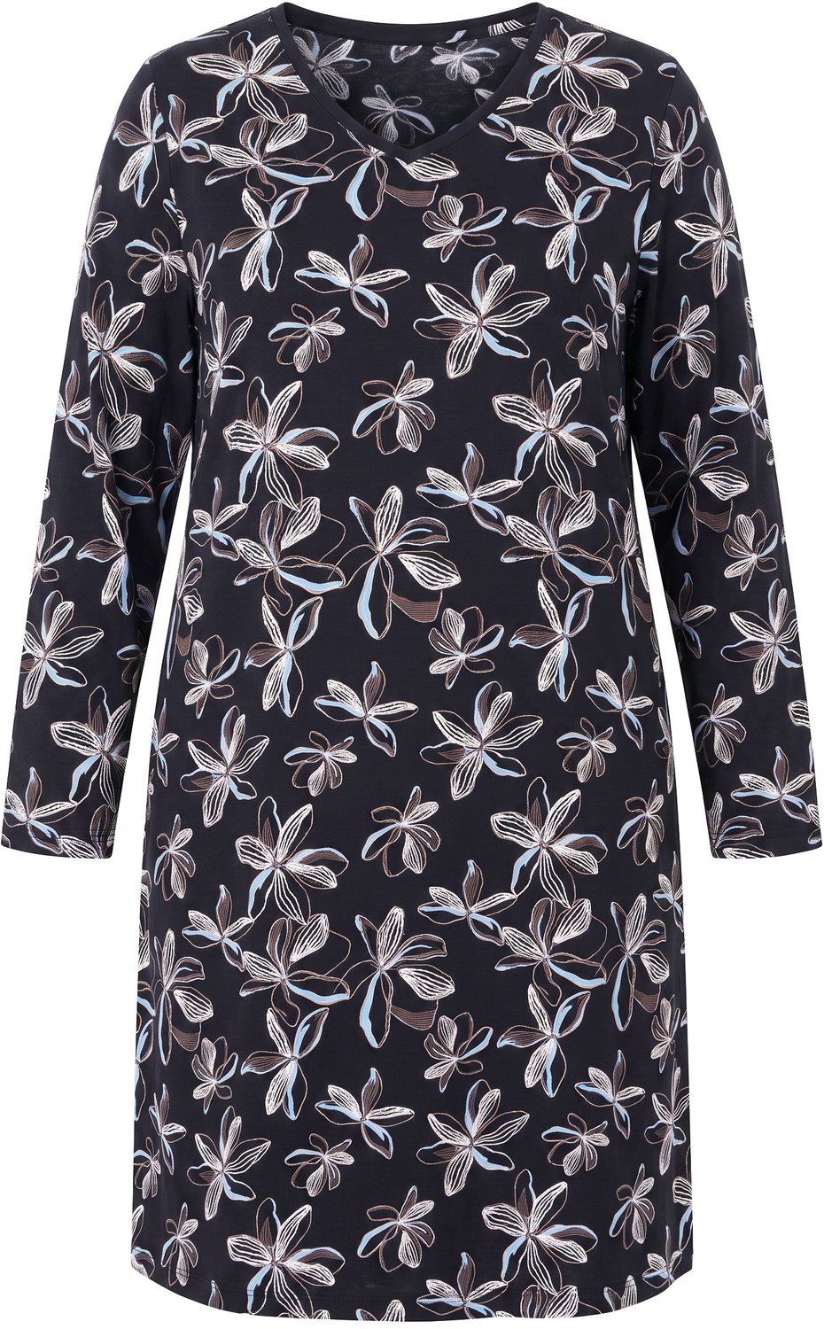 Ulla Popken - Dames - Bigshirt bloemen V-hals lange mouwen biologisch katoen - Zwart - Maat 58+