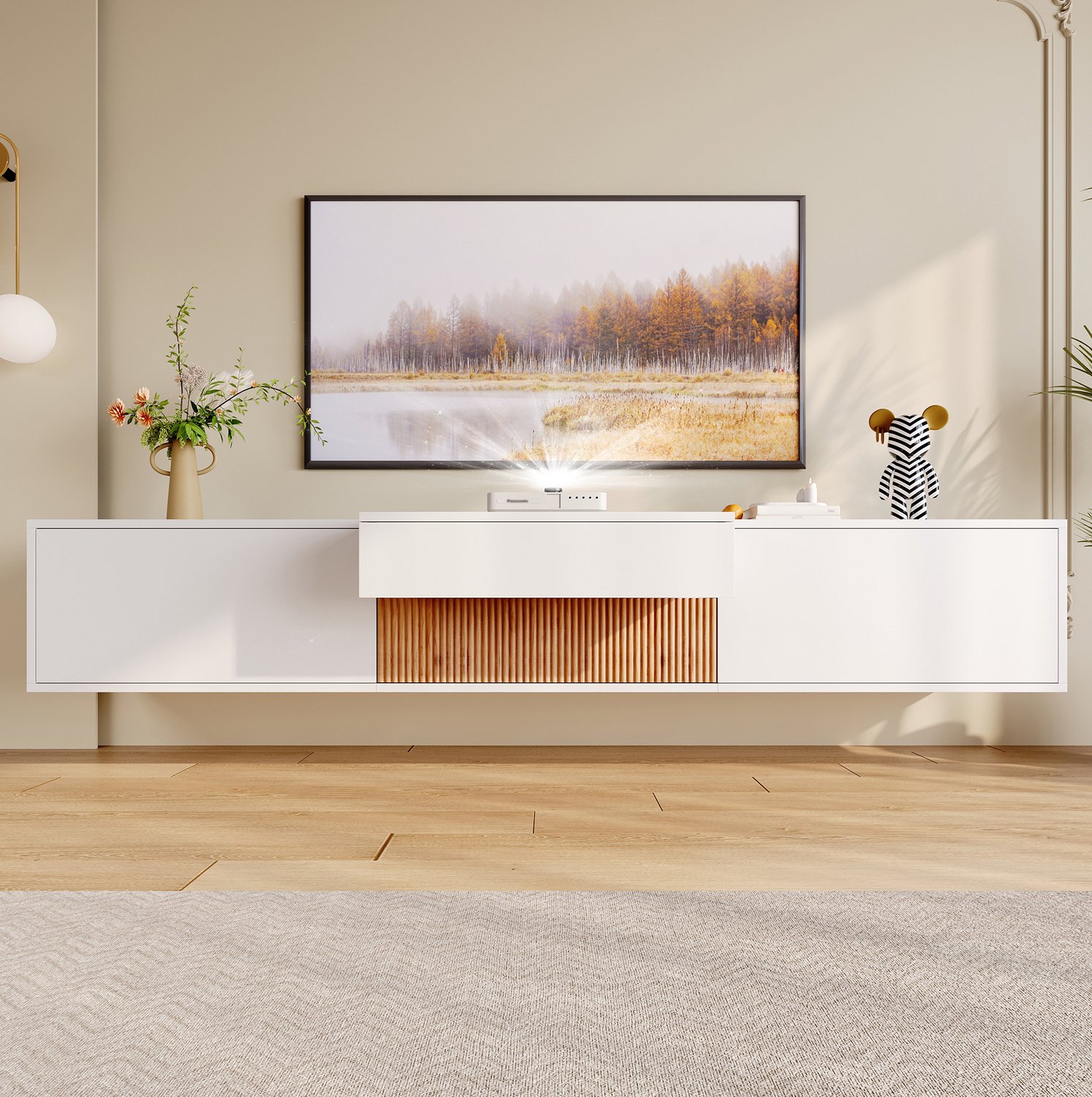 COVREO TV-meubel met uitschuifblad – 180 x 34 x 30 cm – Mediakast voor wand- en vloermontage – Opbergmeubel voor woonkamer – Wit