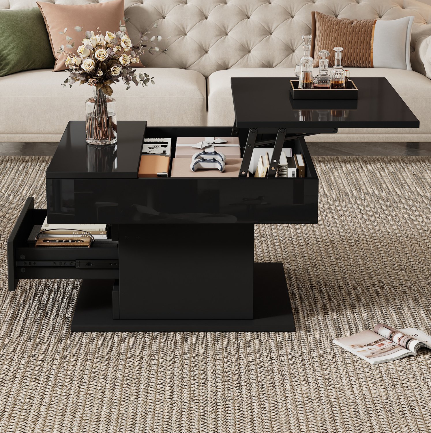 Maisentiel Salontafel 70 x 70 x 45 cm - draaibaar en in hoogte verstelbaar - zwart hoogglans