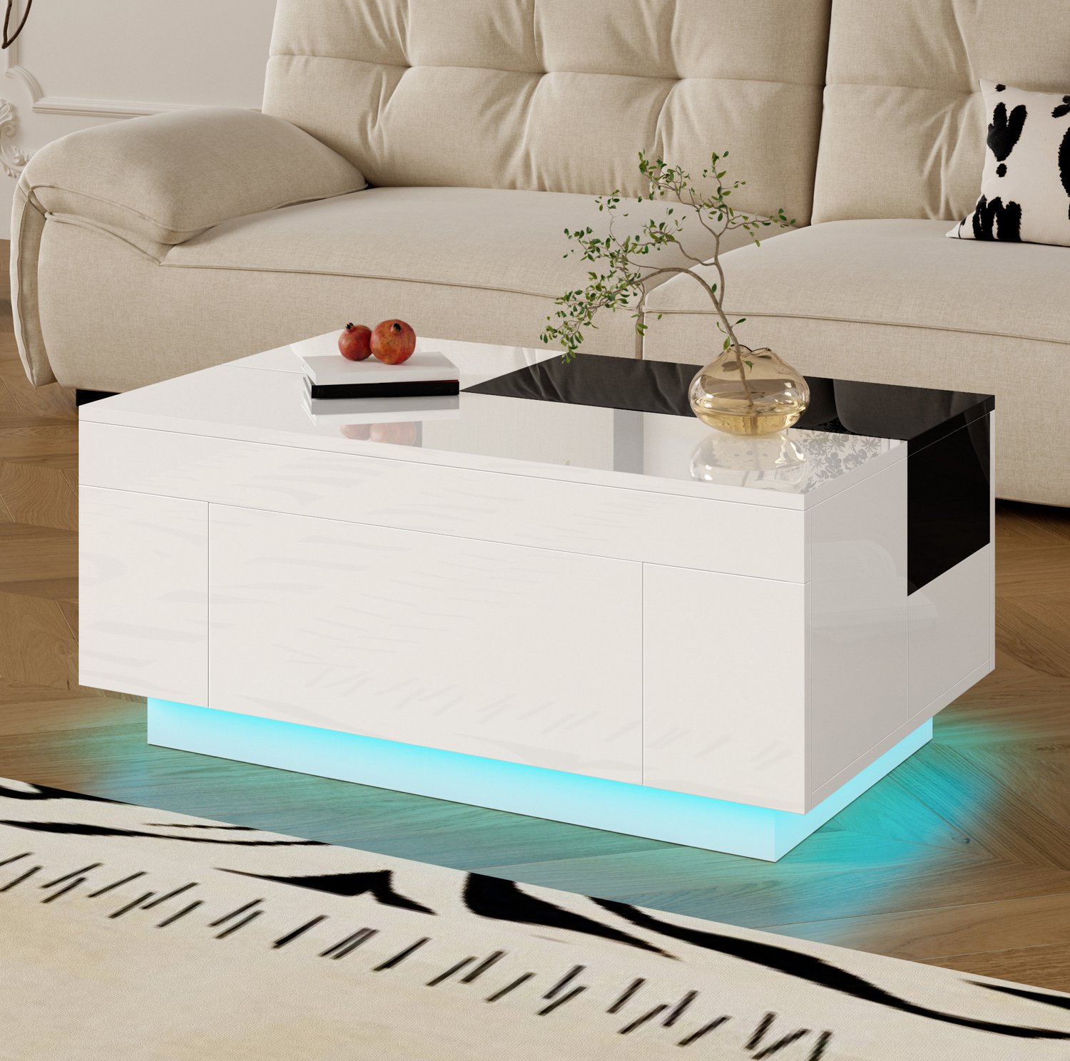 Maisentiel Hoogglans salontafel 80 x 50 cm met LED, uitschuifbaar MDF zwart/wit