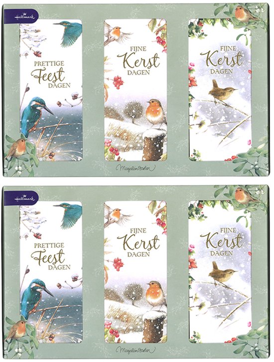 Doos met 15 kerstkaarten in drie ontwerpen met vogels en winterse taferelen door Marjolein Bastin.