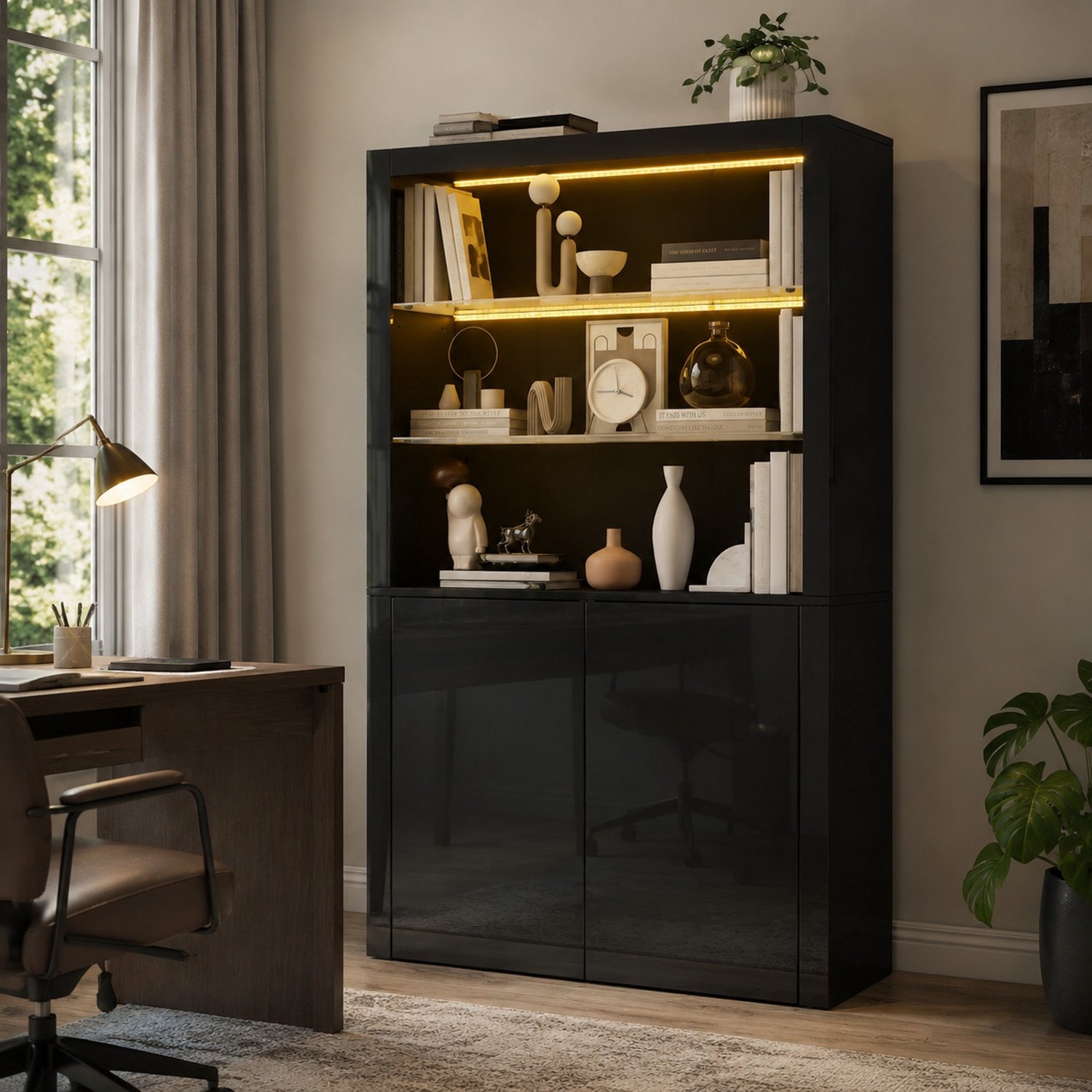 WUVRIE Vitrinekast 100 x 35 x 170 cm - LED-verlichting en 2 deuren - Zwart