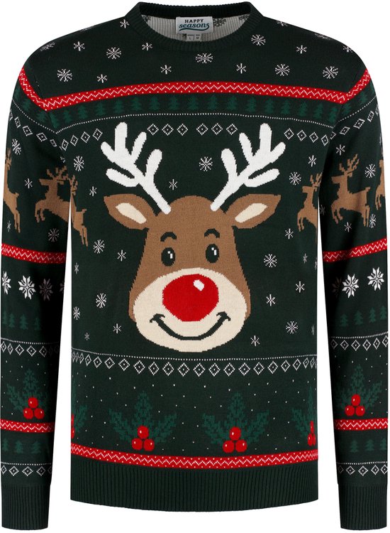 Happy Seasons Foute Kersttrui Dames & Heren - Christmas Sweater - Mannen & Vrouwen "Happy Rudolf" Maat L/XL