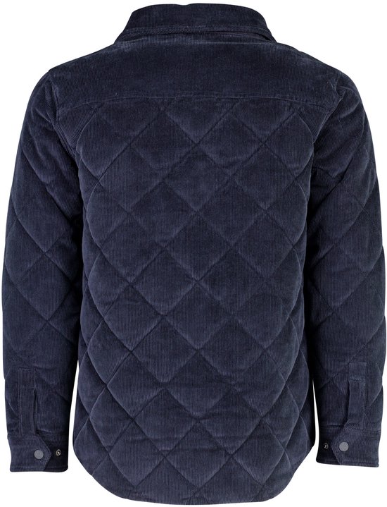 Achterkant van het donkerblauwe, doorgestikte corduroy jack.