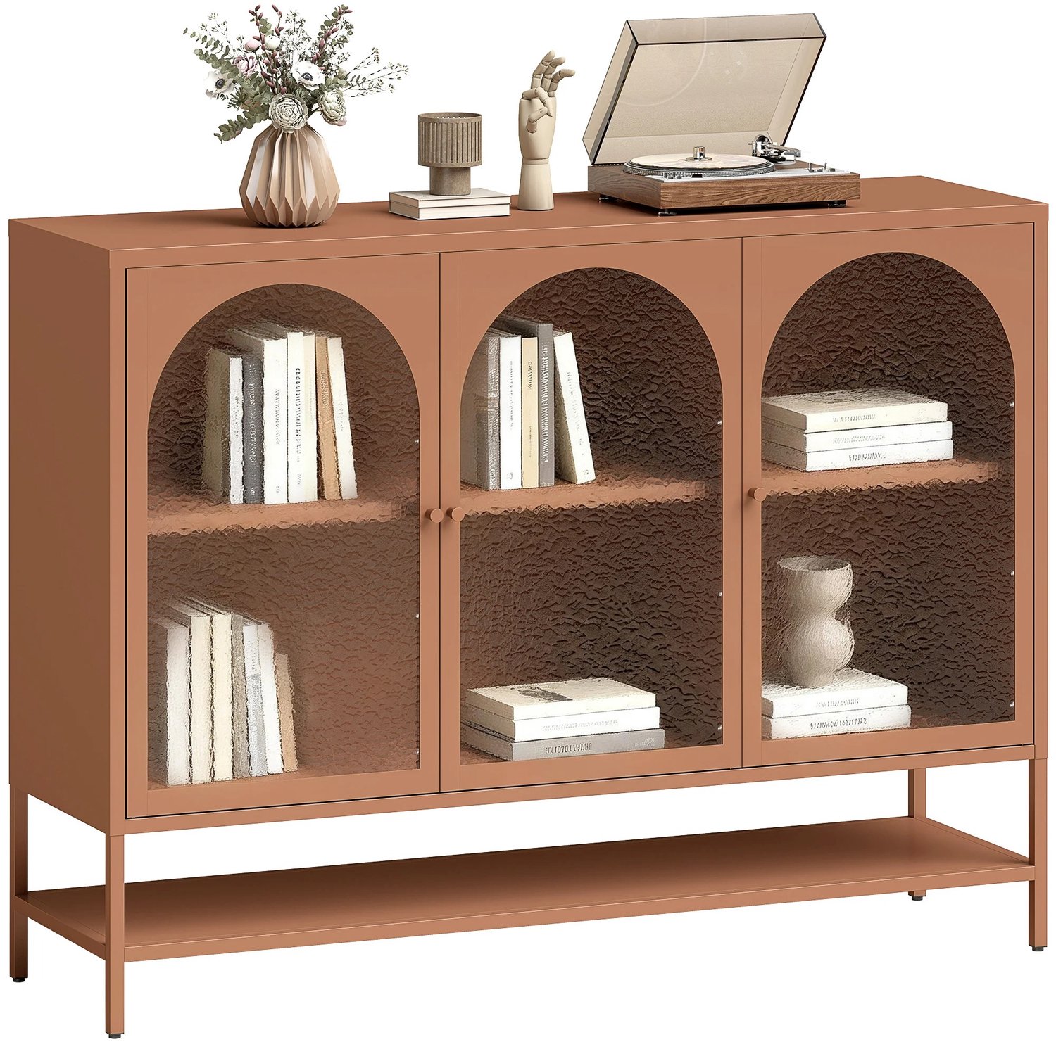 Bresht Buffetkast - Dressior - 3 Glazen Deuren - 4 Ruime opbergvakken - Staal - Gehard Glas - Terracotta - 140 × 40 × 105 cm