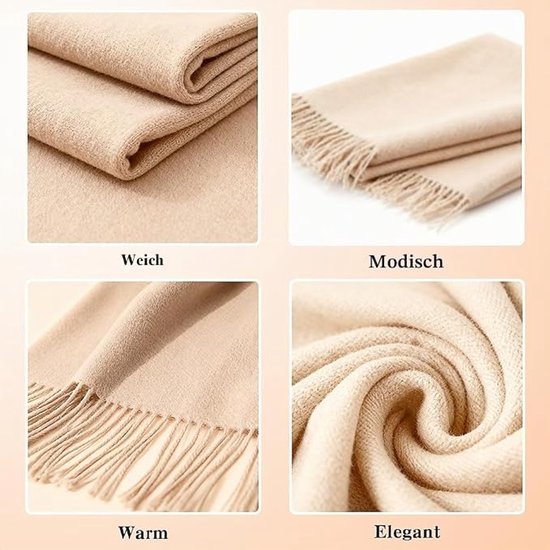 Detailfoto's van de zachte, warme en elegante beige sjaal met franjes.