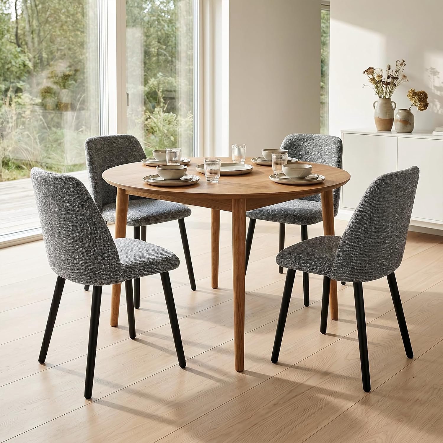 Luxe Eetkamerstoelen Set van 6 Siena – Leigrijze Chenille Bekleding, Ergonomische Rugleuning, Massief Houten Poten, 150 kg Draagvermogen