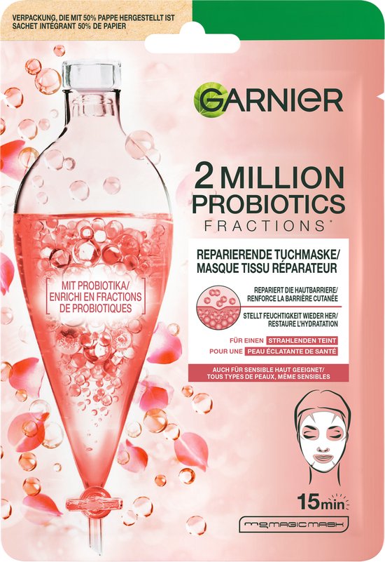 Roze Garnier tissuemasker met probiotica, inclusief illustratie van een glazen fles met bubbels en bloemblaadjes.