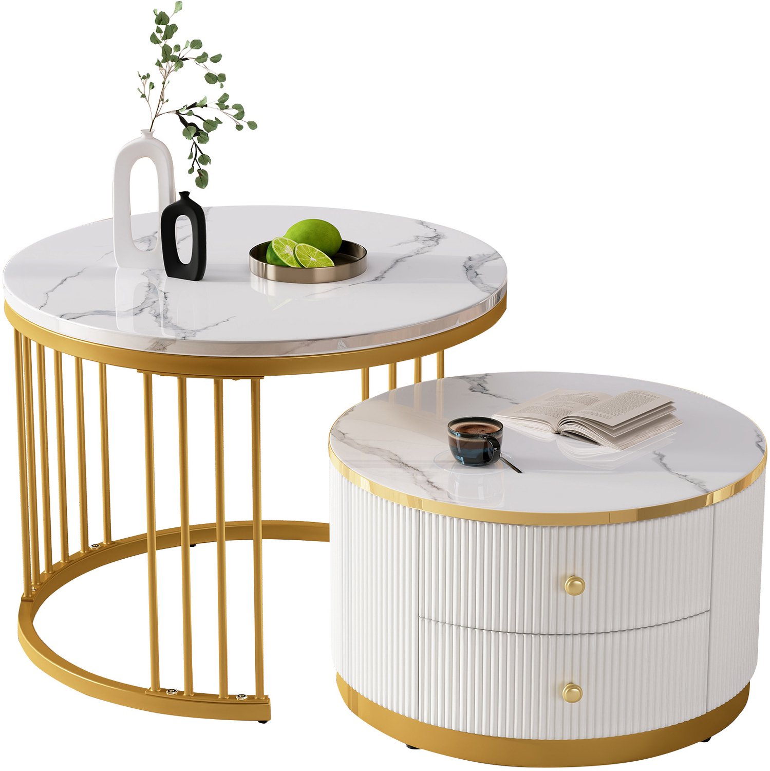 Maisentiel Salontafelset 2-delig - rond 60 en 50 cm - 2 lades - MDF - wit marmerlook