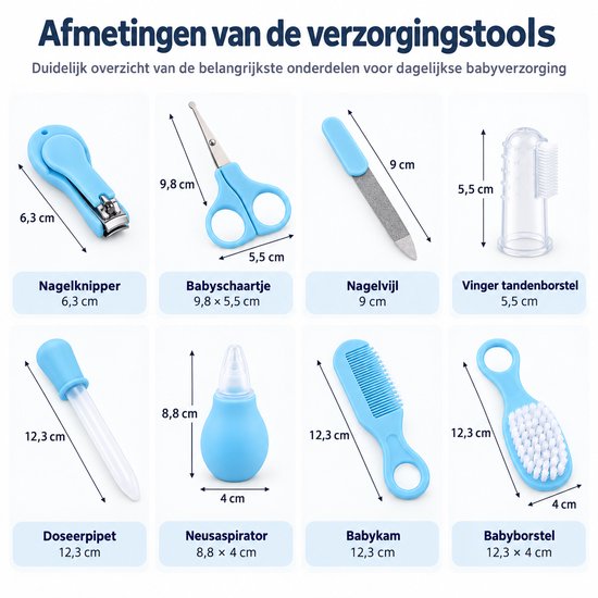 Baby Verzorgingsset 8-delig - Neuszuiger, Nagelset & Haarverzorging - Vingertandenborstel - Opbergetui - Blauw — afbeelding 2