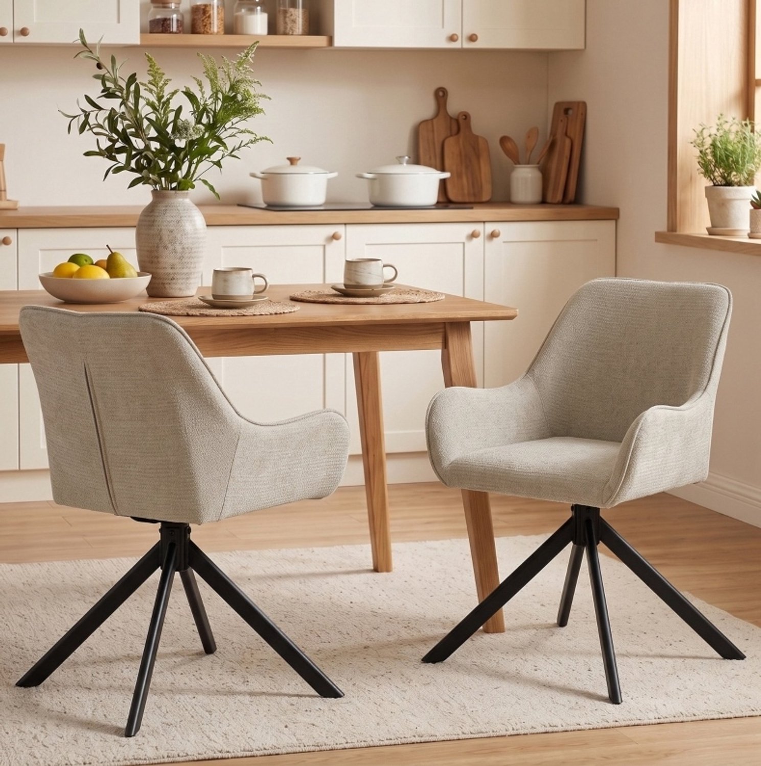 MODFU Eetkamerstoel - 360° Draaibaar - Met Armleuningen - Chenille - Beige - Set Van 2