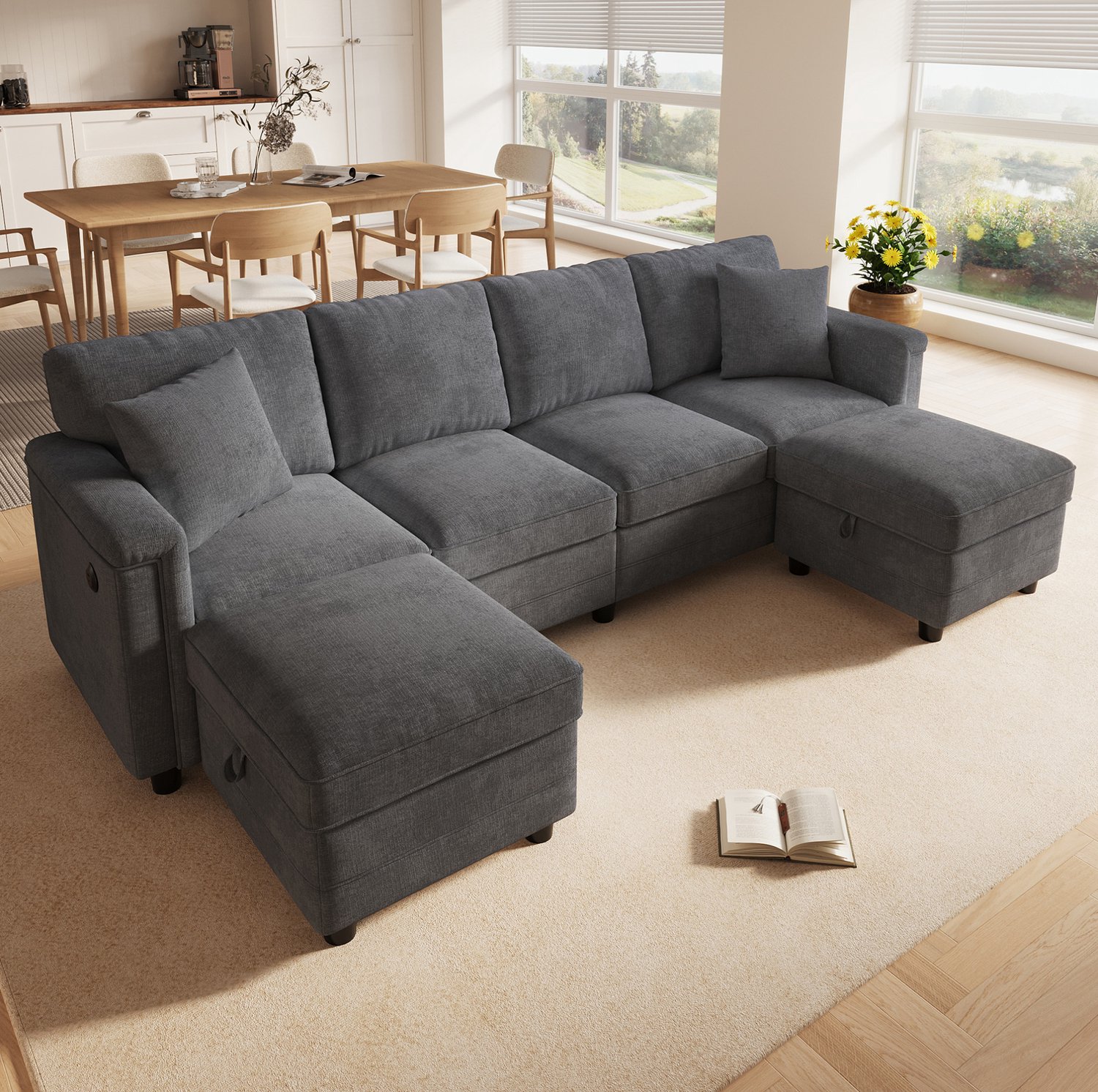 Wishdor Modulaire hoekbank - Twee opberghockers en USB- en Type-C-poorten - Om te bouwen tot L- of U-opstelling - Modern design - Woonkamer appartement - Chenille - Grijs - 261 x 134 x 82 cm