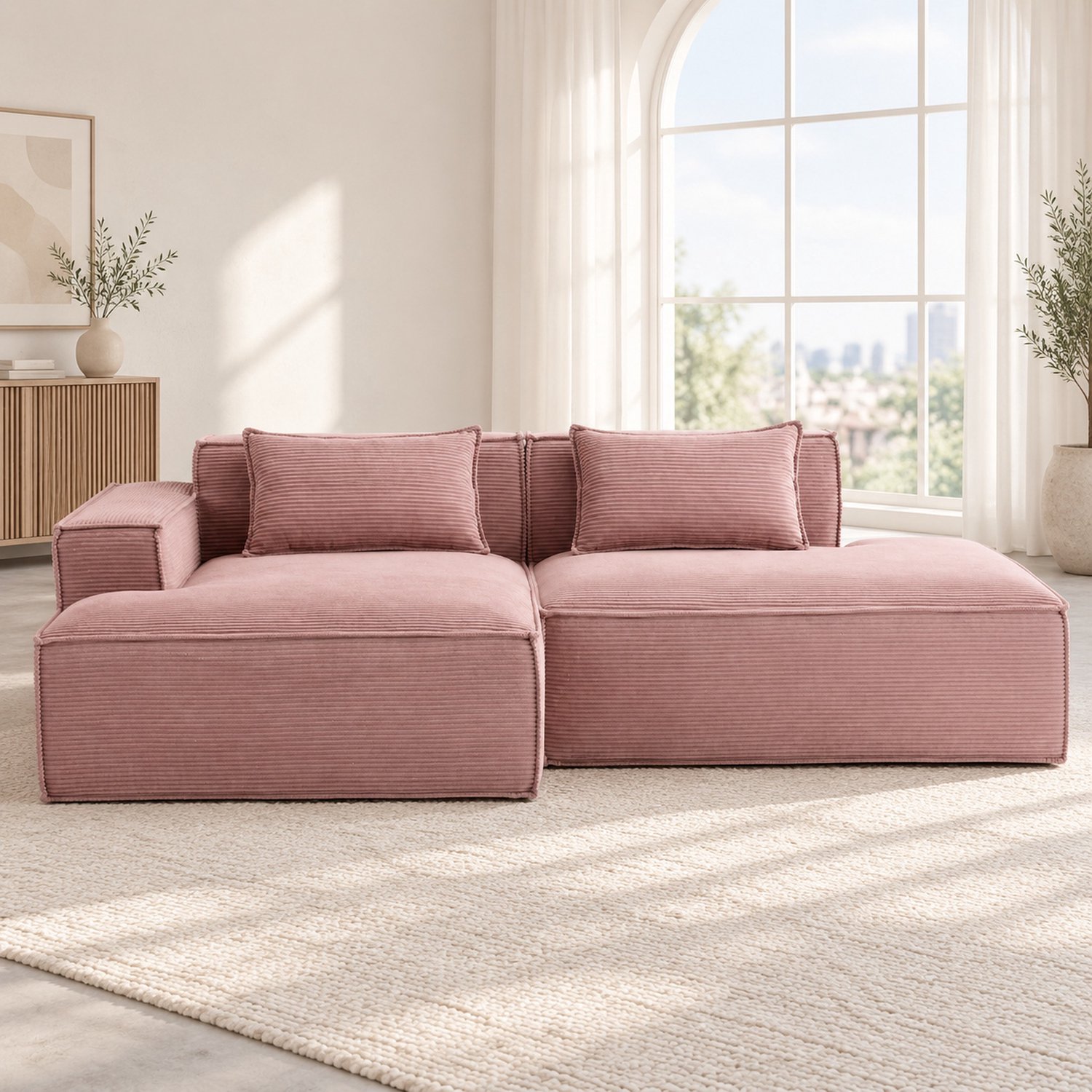 WUVRIE Hoekbank 235 cm - 2 zitplaatsen, 2 kussens en pocketvering - Babyroze