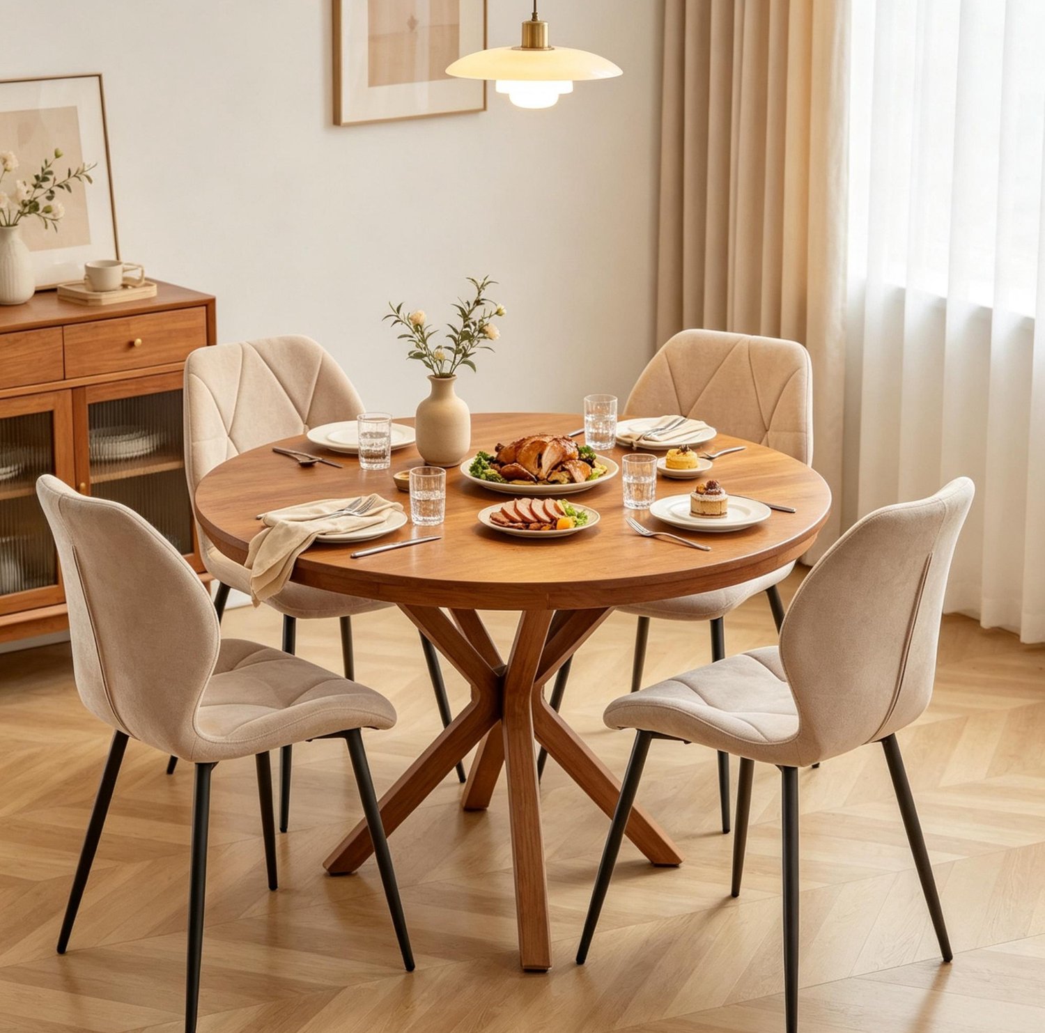 MODFU Eetkamerstoel - Gestikt Patroon - Metalen Poten - Beige - Set Van 4