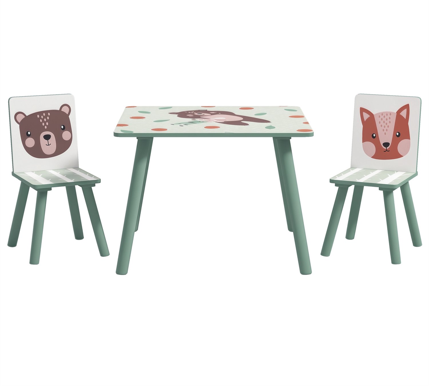 Kinderzitset van grenenhout - tafel met 2 stoelen - dierenmotief - kinderkamer - 3 - 8 jaar - groen