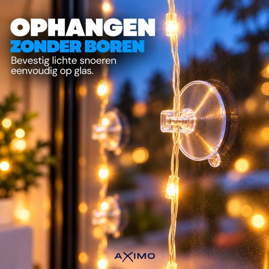 Transparante zuignap bevestigd aan een raam met een lichtsnoer. Tekst: Ophangen zonder boren.