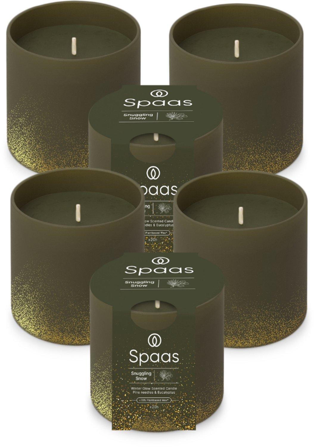 SPAAS WinterGlow Geurkaars in glas – Set van 6 kaarsen – Den en eucalyptus – circa 35u – Snuggling Snow Donkergroen