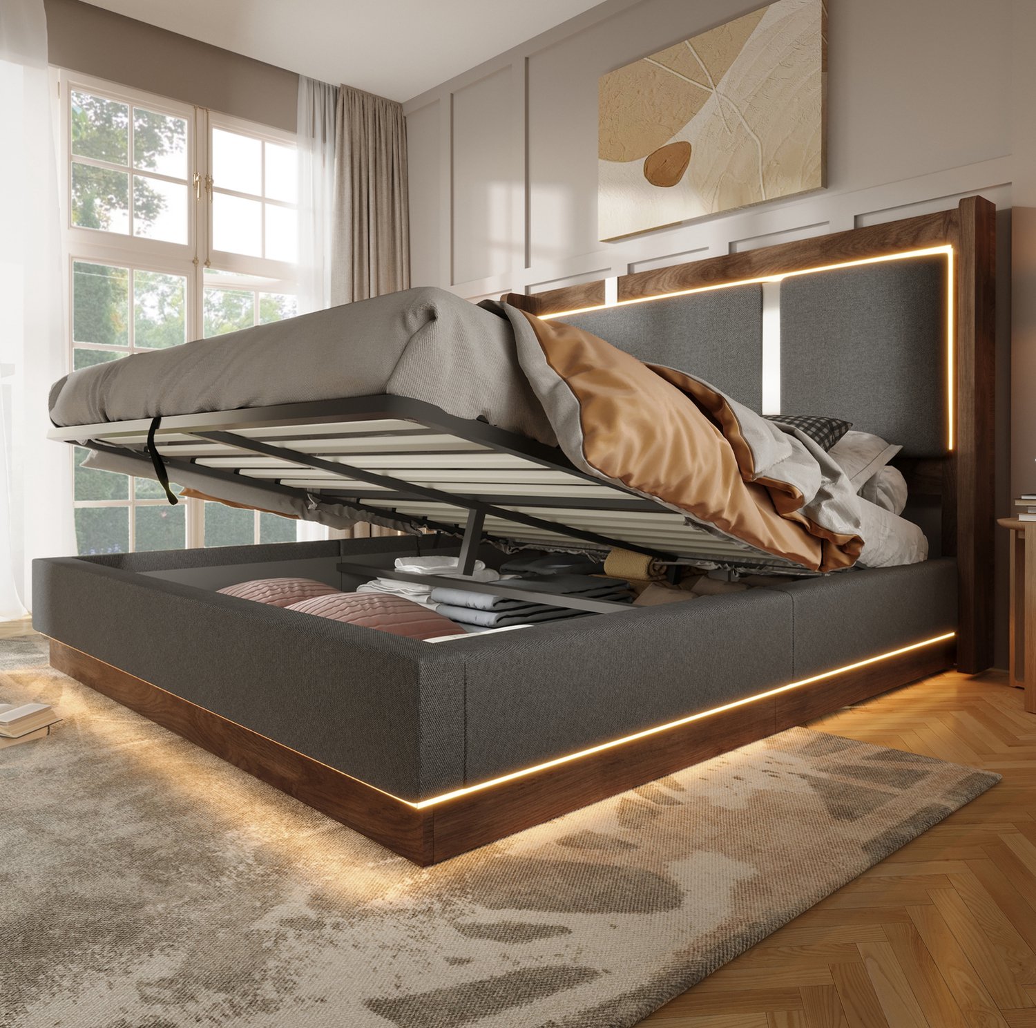 WUVRIE Gestoffeerd tweepersoonsbed 140x200 cm - LED, lattenbodem en hydraulische bedkast - Grijs/walnoot