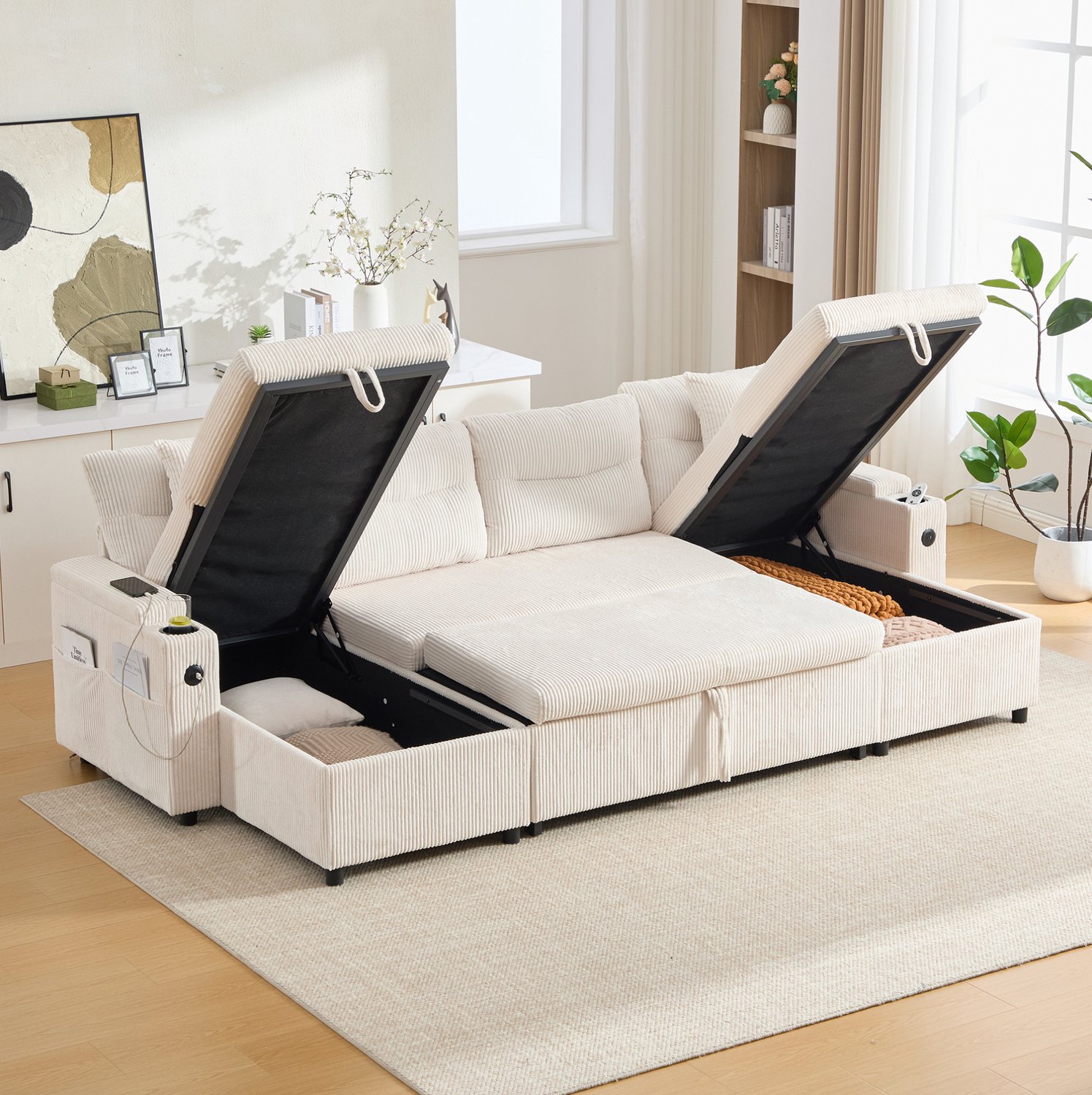 FloraGrace U-Bank 4-Zits Met Dubbele Chaise Longues - Slaapfunctie, Opbergruimte En USB-C - Woonkamer - Corduroy - Beige