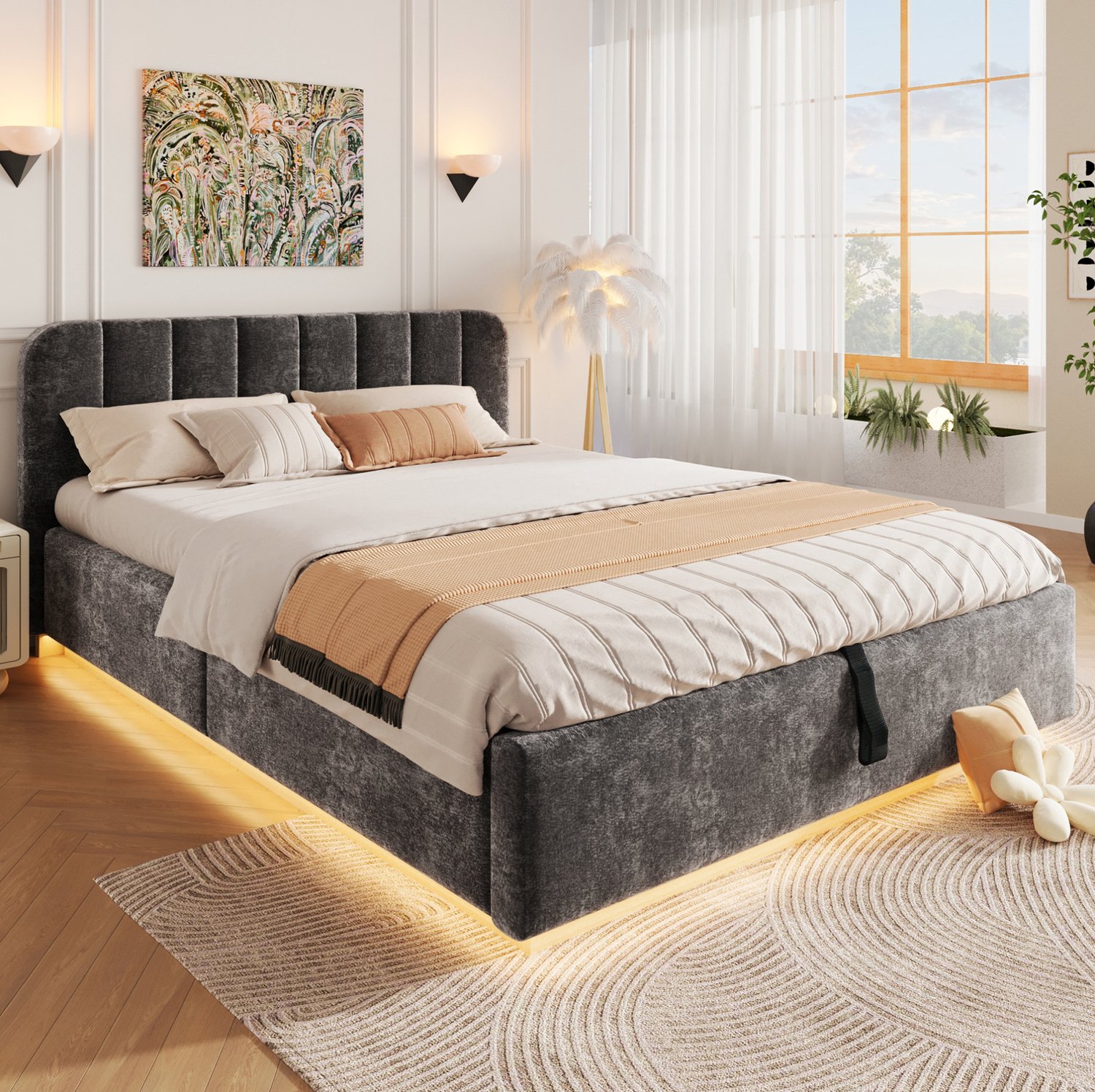 COVREO Tweepersoonsbed met opbergruimte – 140x200 cm – Bedframe met lattenbodem en LED – voor slaapkamer – Antraciet - zonder matras Grijs