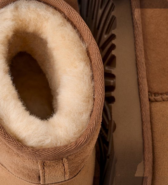 Close-up van de zachte beige voering in een bruine suède laars.