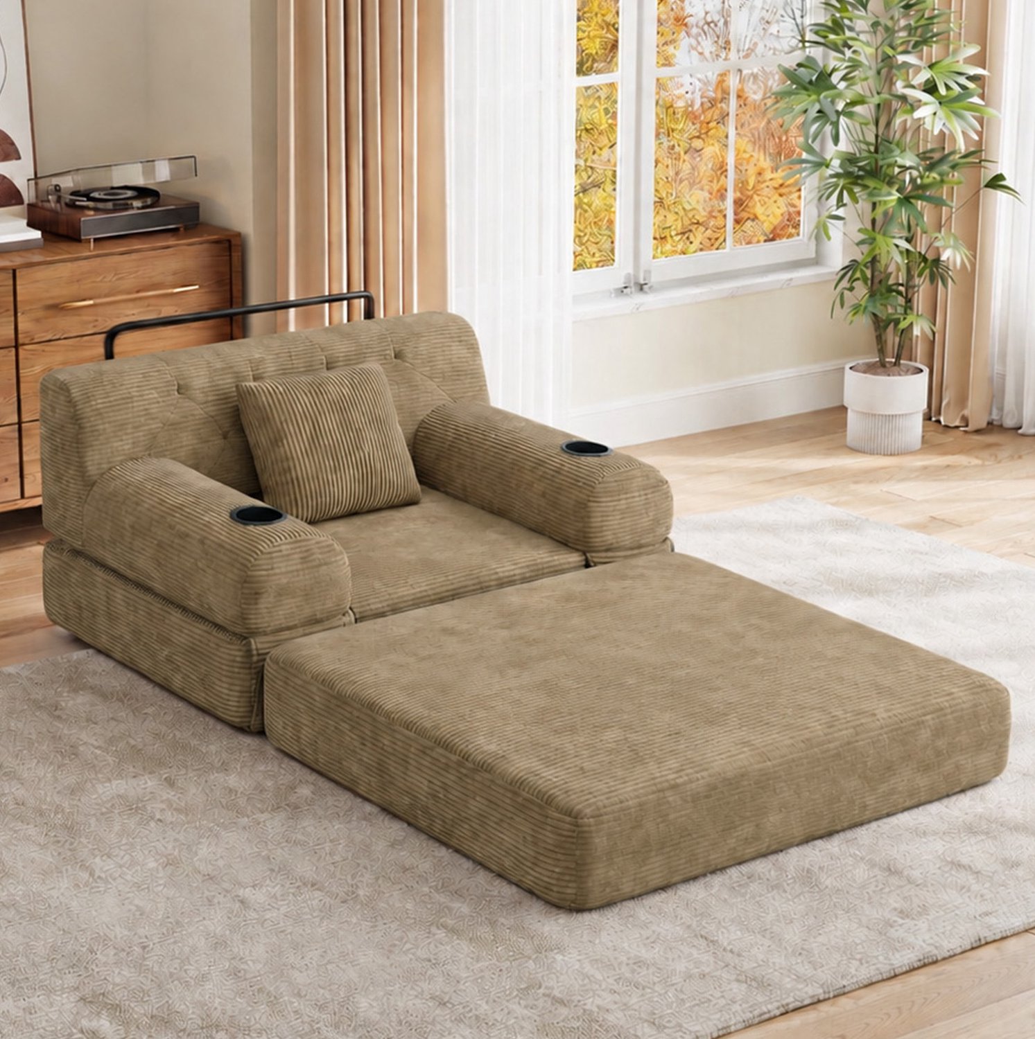 Wishdor Eenpersoons slaapbank - Hoge rugleuning - Slaapfunctie met metalen frame - 2 bekerhouders en 4 zijvakken - Woonkamer en gastenkamer - Corduroy - Khaki - 107 x 80 x 81 cm