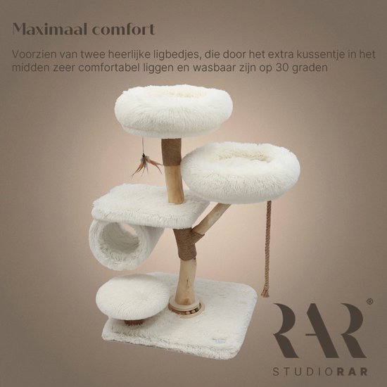 Krabpaal met twee comfortabele, wasbare pluche ligbedden en een natuurlijke houten basis.