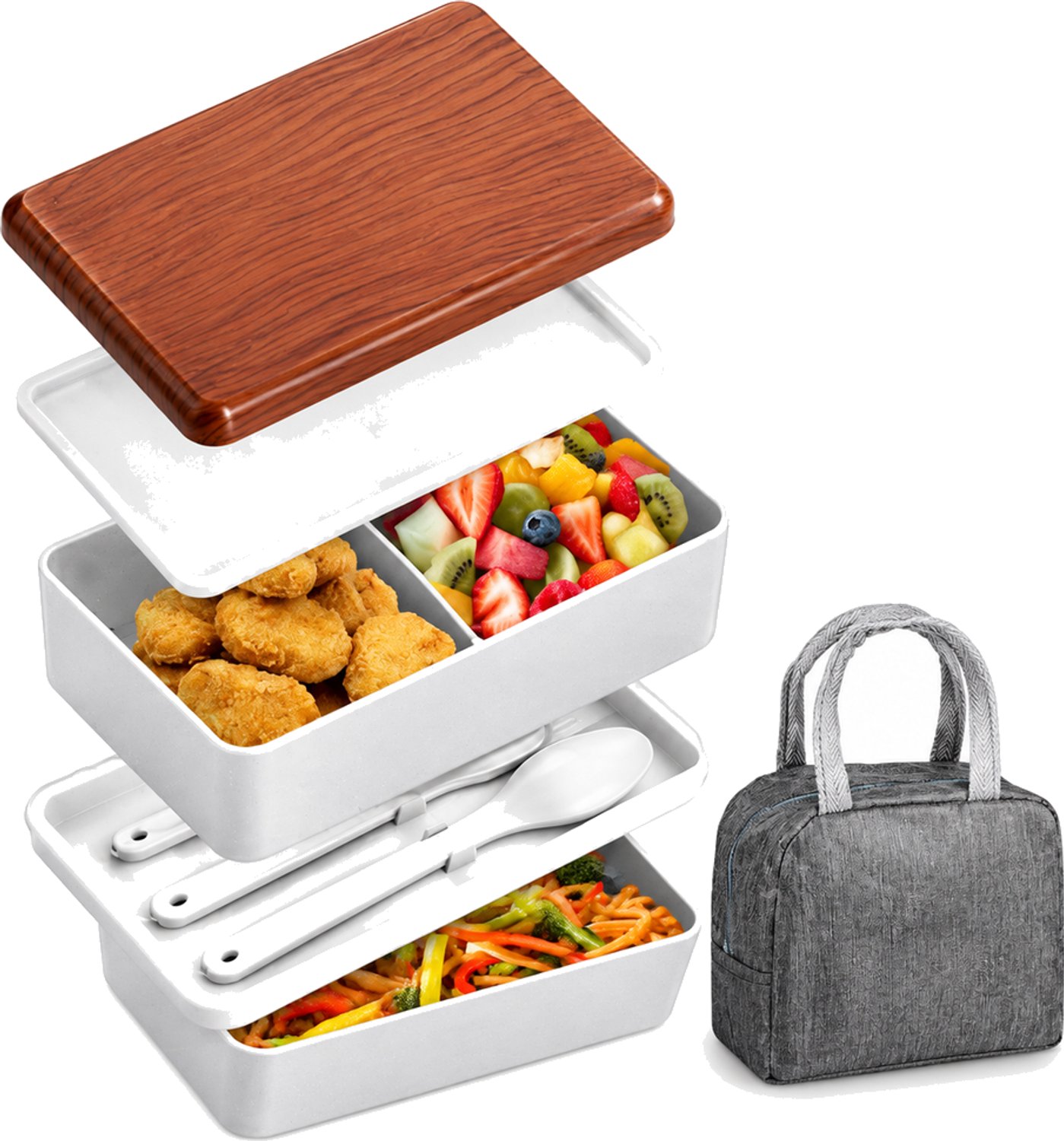 Broodtrommel met twee lagen, plastic deksel en draagtas, wit