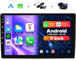Boscer Autoradio 2Din Universeel - Android 13 - Apple Carplay & Android Auto - 9 Inch HD Touchscreen - GPS Navigatiesysteem - 2+64GB - Microfoon & Achteruitrijcamera