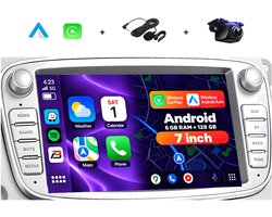 Boscer Autoradio - Geschikt voor Ford Focus, S-Max, Mondeo, Galaxy, C-Max & Kuga - Android 15 - 6+128GB - 7 Inch HD Touchscreen - Apple Carplay & Android Auto - Bluetooth, USB, Wifi & MP5 - Navigatiesysteem - Zilver - Achteruitrijcamera & Microfoon