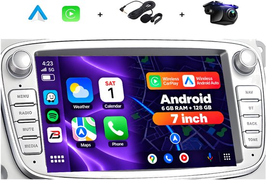 Zilveren 7 inch Android autoradio voor Ford met touchscreen, Wireless CarPlay, Android Auto, microfoon en camera.