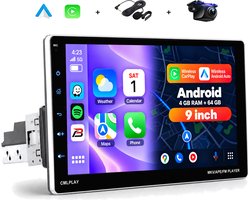 Boscer 1Din Autoradio - Android 15 - Apple Carplay & Android Auto (Draadloos) - 4+64GB - 9 Inch IPS HD Verstelbaar Touchscreen - GPS Navigatiesysteem - Bluetooth, USB, WIFI & MP5 - HD Achteruitrijcamera & Microfoon