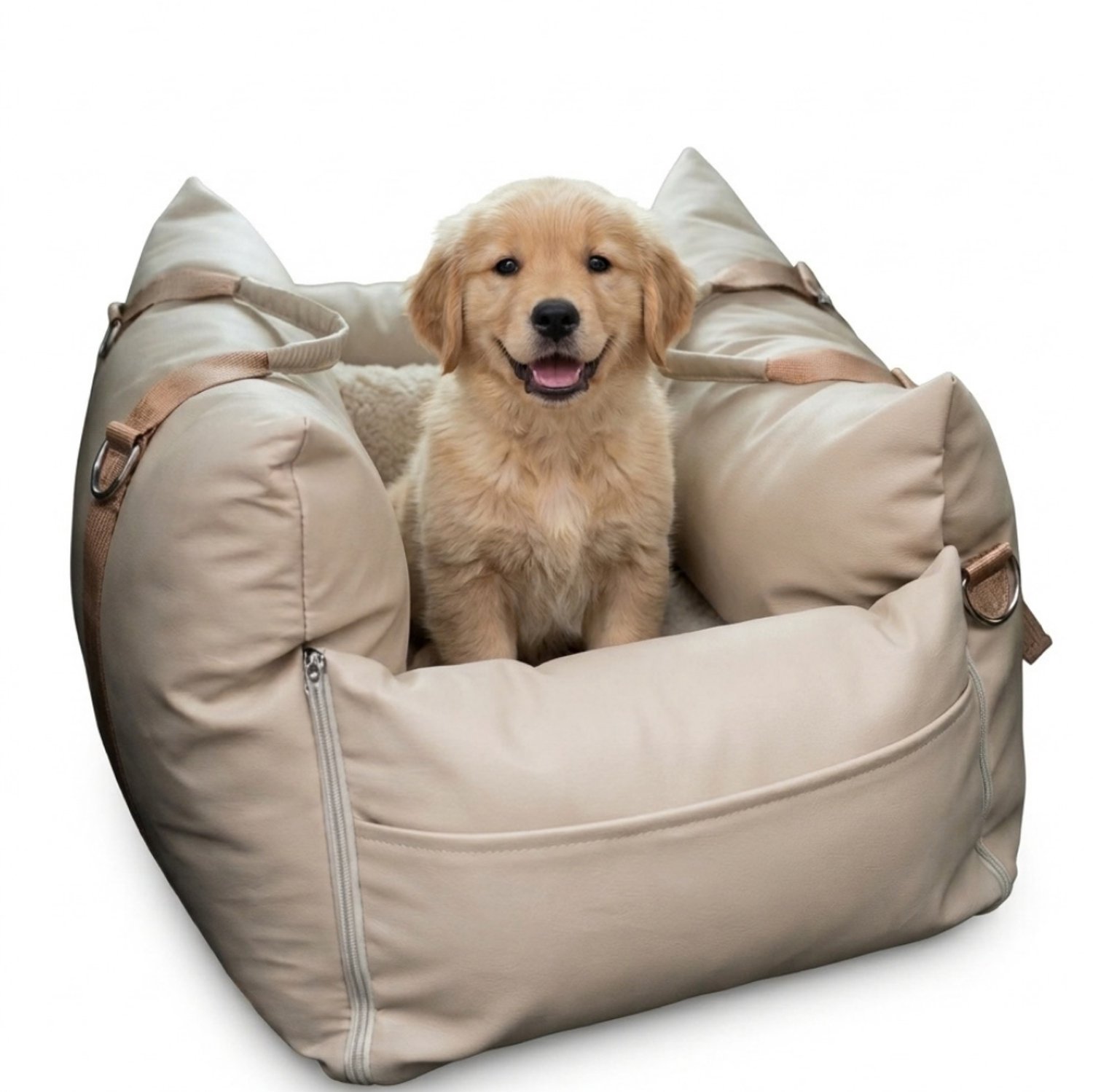 Goldcave Hondenmand Auto - Luxe Uitvoering - Autostoel voor Hond - 53x36x44cm - Lederlook Beige