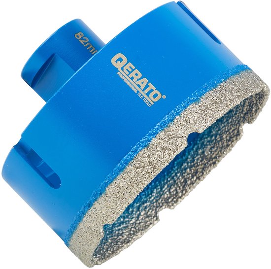 Blauwe Qerato diamantboor van 82mm met zilveren gesegmenteerde rand en M14 schacht.