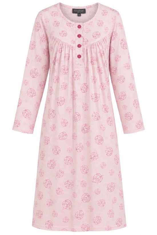 Roze nachthemd met lange mouwen, streepjespatroon, bladerenprint en een knoopsluiting met Cocodream label.