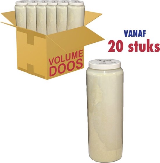 Kartonnen doos met 20 transparante Bolsius noveenkaarsen van 216 uur brandtijd.