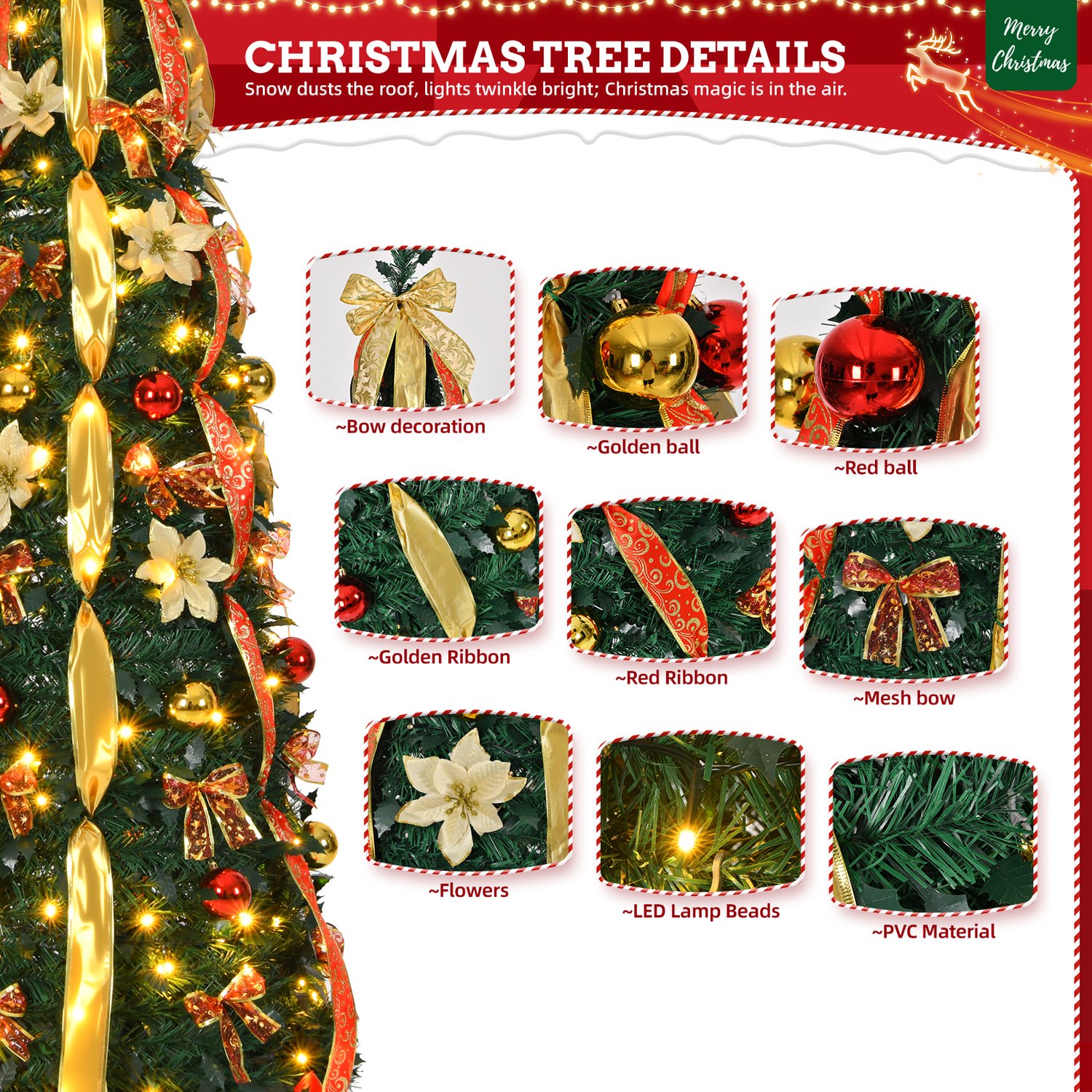 Pop-up Kerstboom 150 cm met 100 LED - 8 Lichtmodi - Rood & Goud - Inclusief Kerstballen & Linten - Opvouwbaar - NAIZY – foto 5